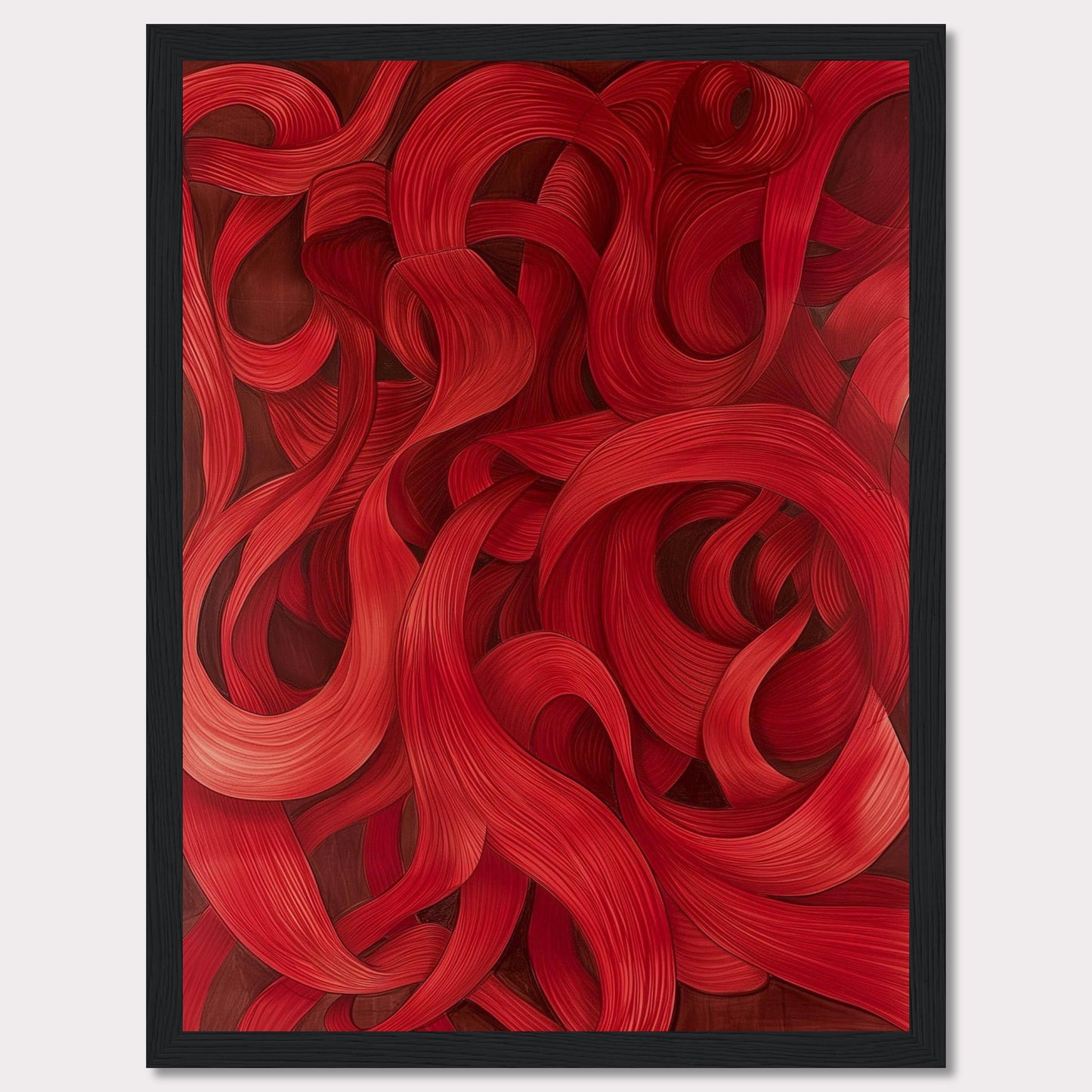 This captivating artwork features a mesmerizing array of red swirls and curves, creating a dynamic and flowing visual experience. The intricate details and rich hues draw the viewer in, evoking a sense of movement and passion.