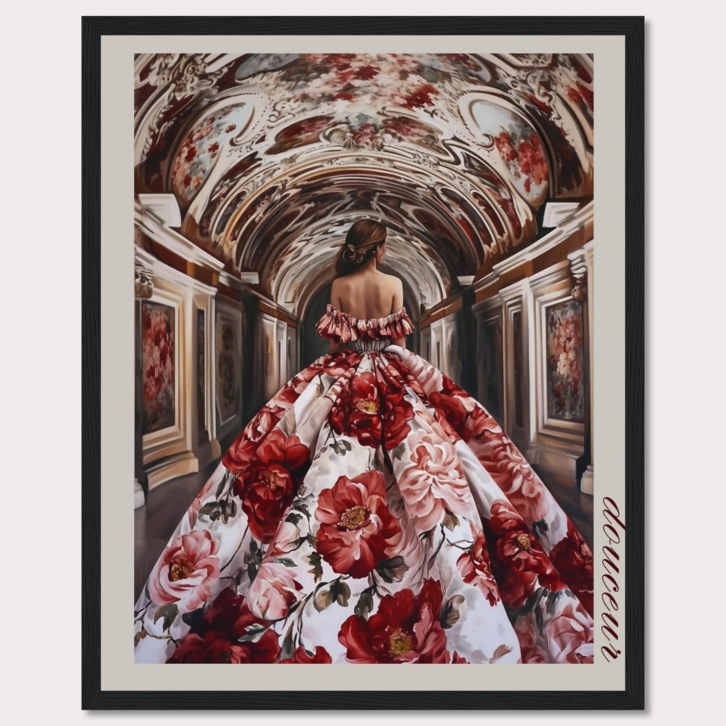 This stunning artwork features a woman in an opulent floral gown walking through an intricately decorated corridor. The scene exudes elegance and grandeur, capturing a moment of timeless beauty.