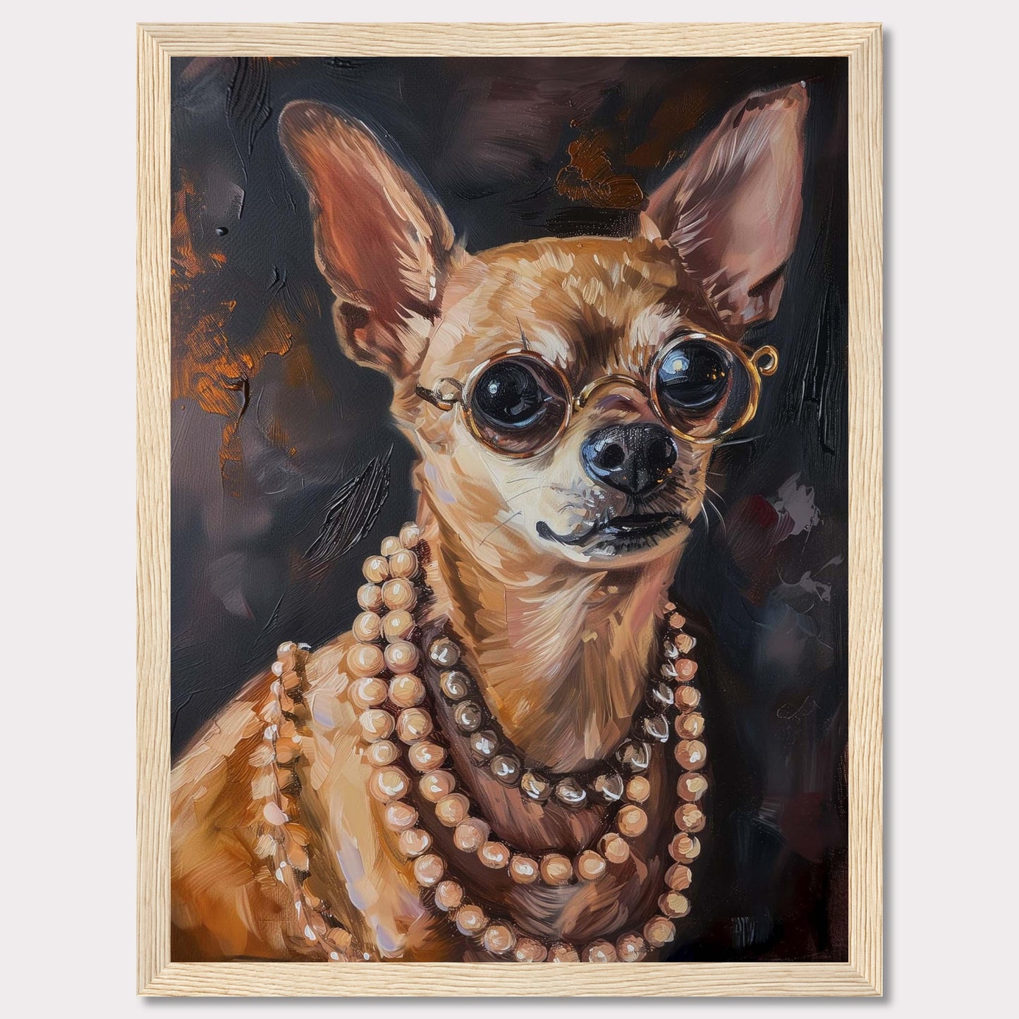 This captivating artwork features a stylish Chihuahua wearing round glasses and multiple strands of pearls. The painting exudes elegance and charm, making it a perfect statement piece for any room.