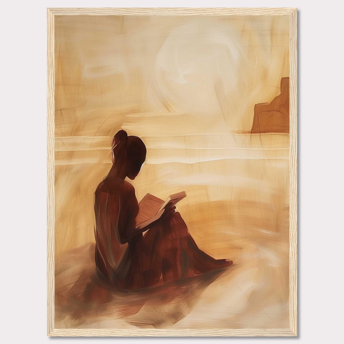 This serene painting captures a solitary figure engrossed in a book, seated on a tranquil beach with the sun setting in the background.