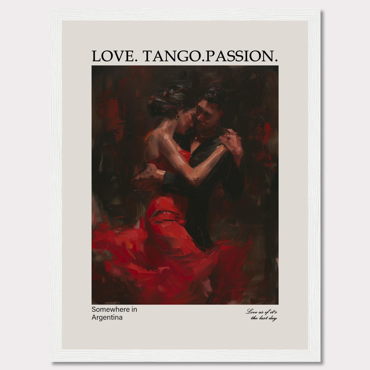 This captivating poster showcases a passionate tango dance between a couple, enveloped in deep red and black hues.