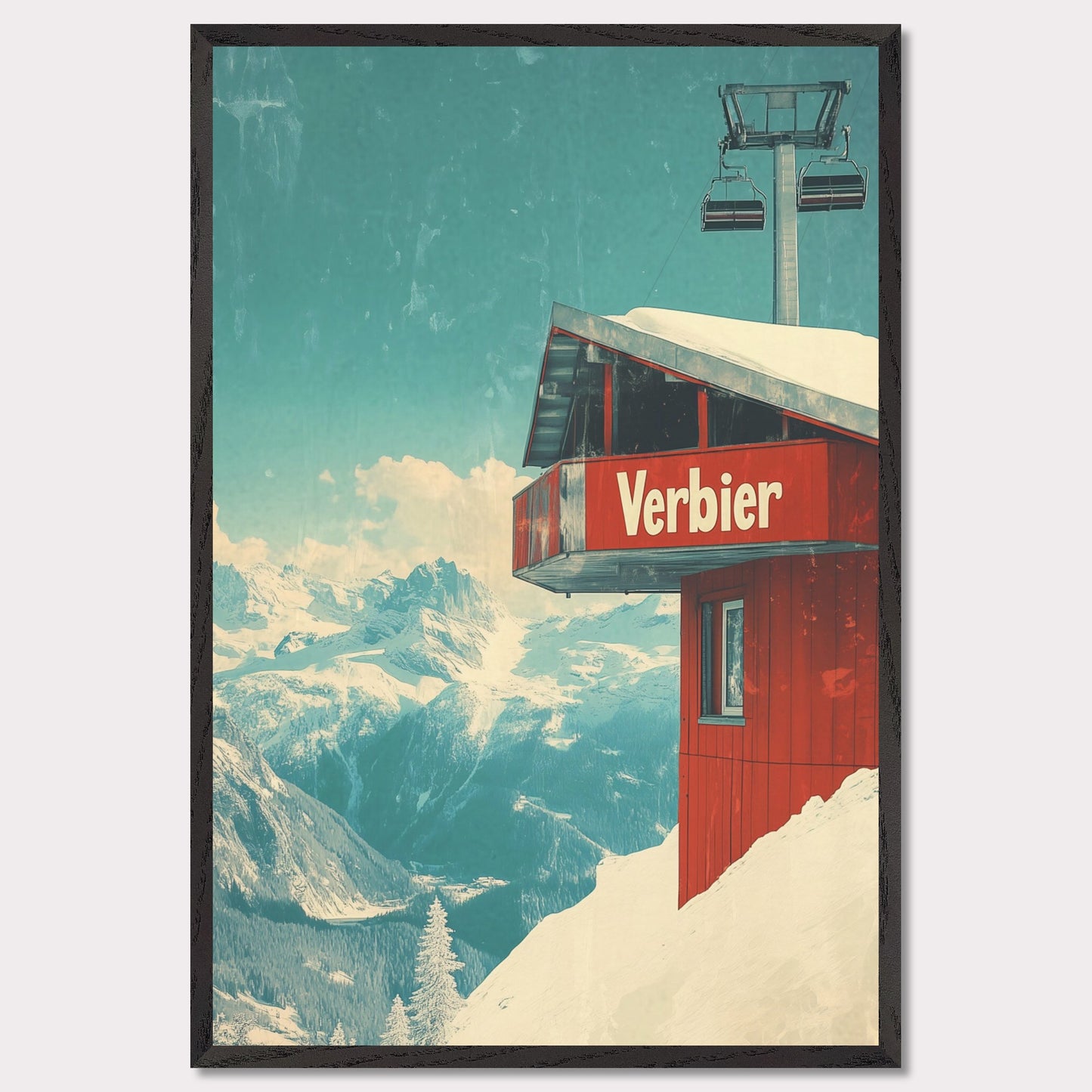 This vintage-inspired poster showcases a modern gondola station perched high above Verbier’s slopes. The gondola’s red cabin stands out against the pristine white snow, with majestic alpine peaks framing the view. The soft blue sky, accented by the vintage design, gives a timeless quality to the image. The simplicity and elegance of the gondola station invite viewers to imagine their own journey up the mountain, surrounded by the beauty of the Swiss Alps.