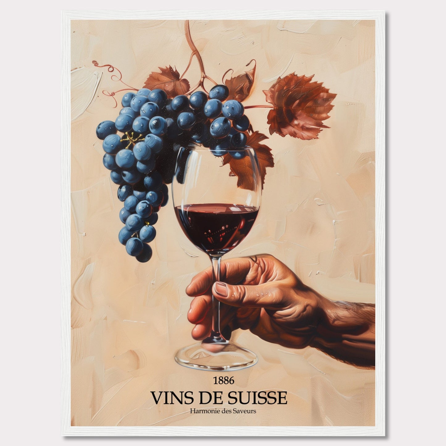 This captivating image showcases a hand holding a glass of red wine, with a luscious bunch of grapes hanging above it. The background is painted in warm, earthy tones, enhancing the rich colors of the grapes and wine.