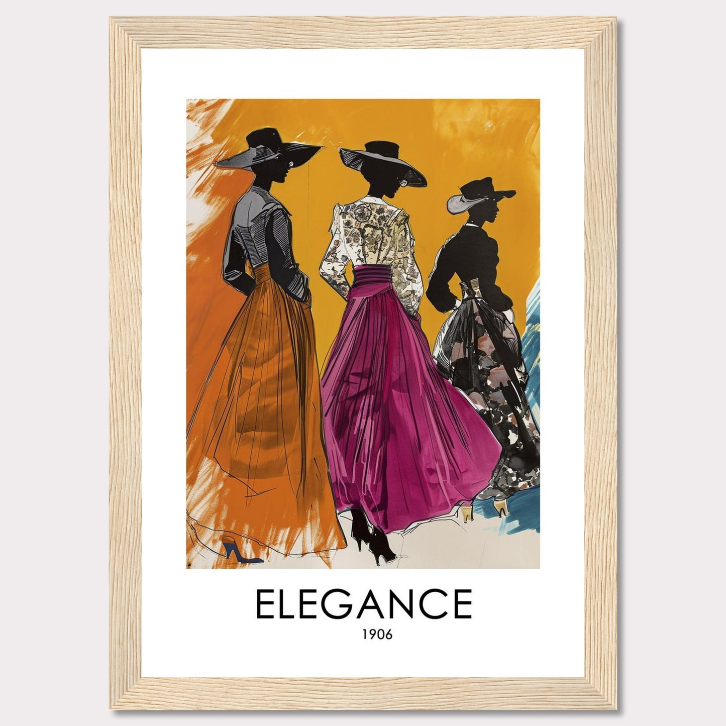 Three stylish women in elegant dresses and wide-brimmed hats stand gracefully against a vibrant orange background. The artwork exudes sophistication and timeless fashion from the early 1900s.