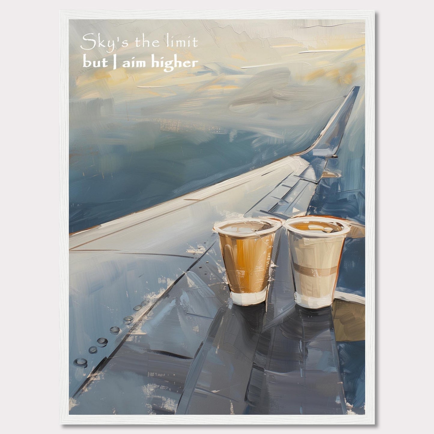 This image features a painted depiction of an airplane wing with two cups of coffee placed on it. The sky is depicted in soft, calming hues, suggesting a serene atmosphere. The text "Sky's the limit but I aim higher" is written in the upper left corner, adding an inspirational element to the artwork.