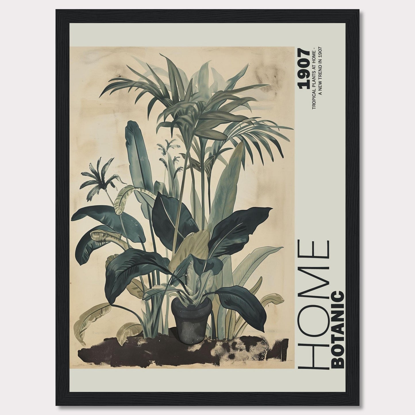 This image features a beautifully framed botanical art print showcasing lush tropical plants. The artwork has a vintage feel with muted green tones and intricate leaf details, giving it a timeless aesthetic. The text "HOME BOTANIC" and "1907" adds a touch of classic elegance to the piece.