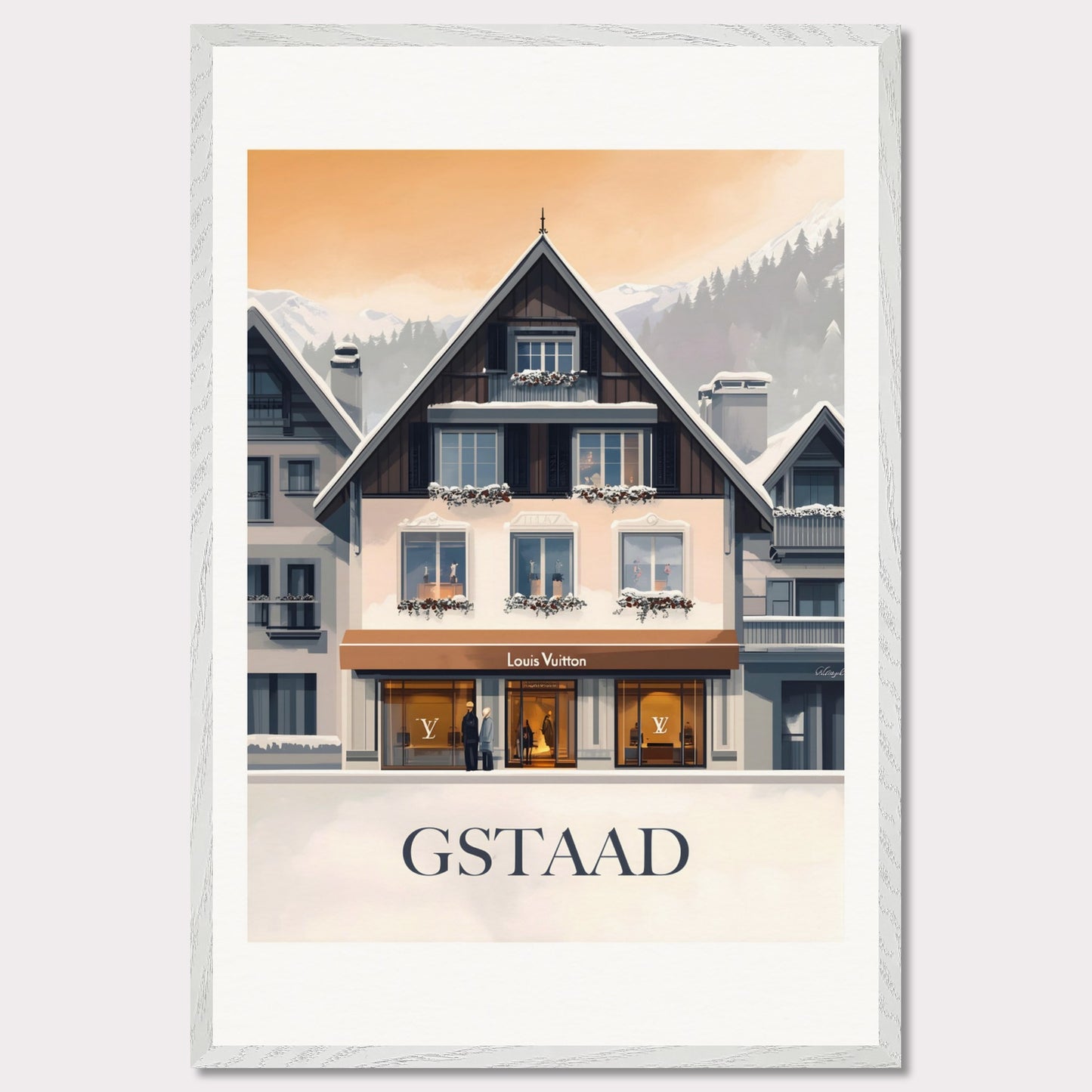 A chic and stylish poster showcasing a luxury boutique in Gstaad, framed by elegant alpine architecture. The blend of modern sophistication and traditional Swiss charm creates a timeless appeal.