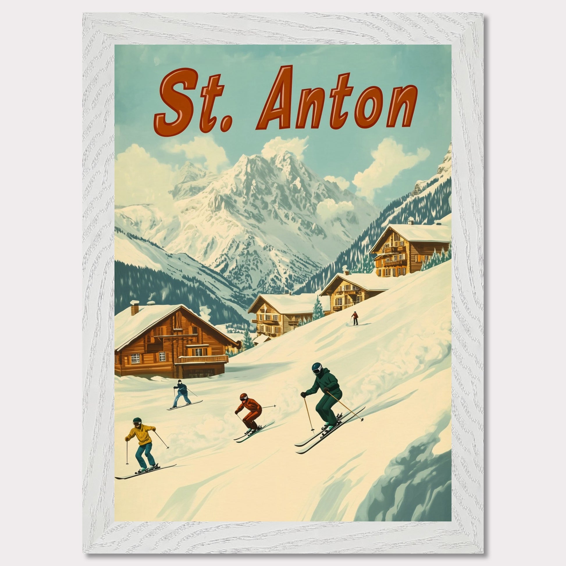 This vibrant retro-style poster captures the thrilling energy of skiing in St. Anton. The scene depicts skiers carving down the slopes, with picturesque alpine chalets nestled in the snow-covered hills and the majestic mountains towering in the background. The warm tones of the sky and the clean, crisp snow evoke the exhilarating experience of a winter sports haven. The bold retro typography adds a touch of nostalgia, perfectly highlighting the charm and adventure of St. Anton.