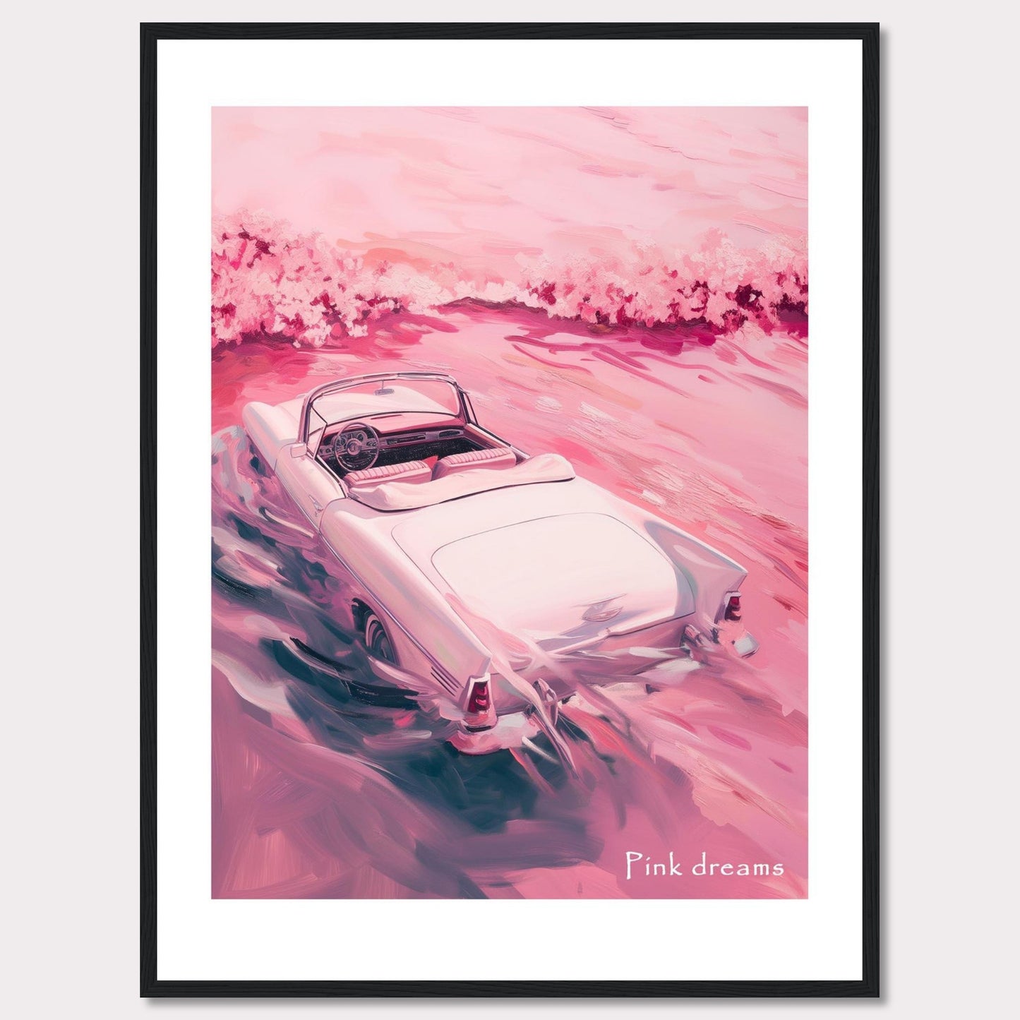 This artwork features a dreamy scene with a vintage convertible car driving through a pink-hued landscape. The soft, pastel colors create a serene and nostalgic atmosphere.