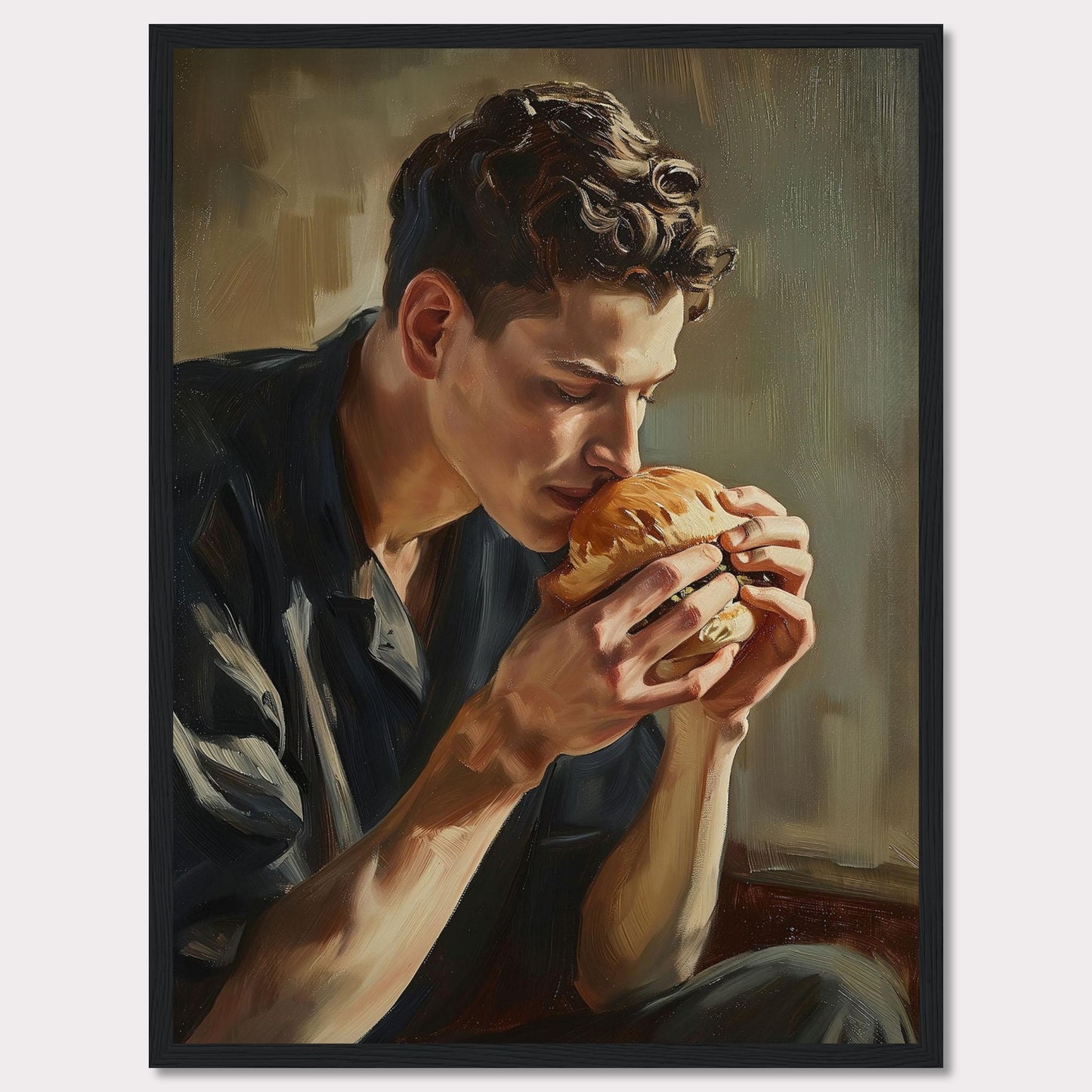 This captivating painting depicts a young man deeply savoring the aroma of a freshly made burger. The rich, detailed brushstrokes highlight the intensity of the moment, capturing a sense of appreciation and contentment.