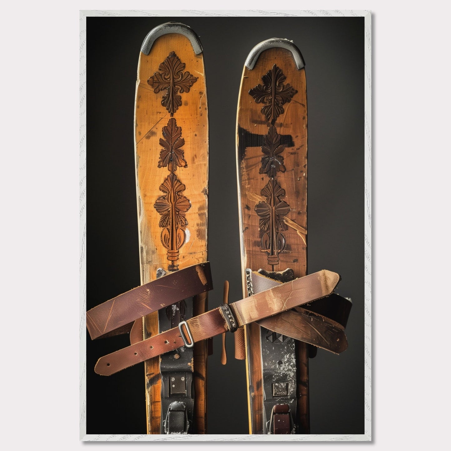 Immerse yourself in the nostalgia of winter sports with this captivating image of vintage wooden skis. These beautifully crafted skis feature intricate carvings and sturdy leather bindings, showcasing the elegance and durability of traditional ski equipment. The worn texture tells a story of countless adventures on snowy slopes. Perfect for ski enthusiasts and lovers of vintage decor alike.