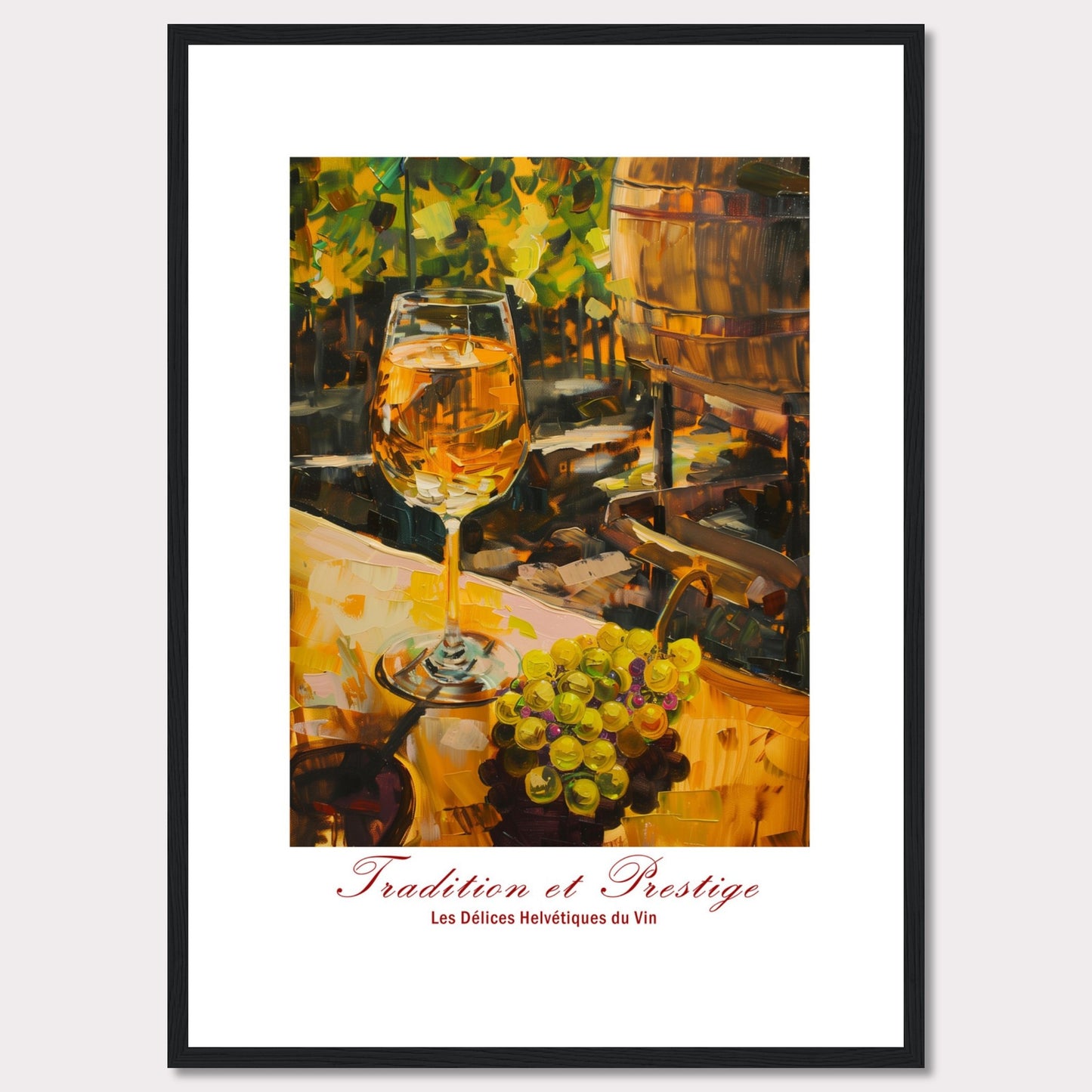 This image showcases a beautifully painted scene of a wine glass filled with white wine, set against a backdrop of a vineyard. The painting captures the essence of tradition and prestige in winemaking.