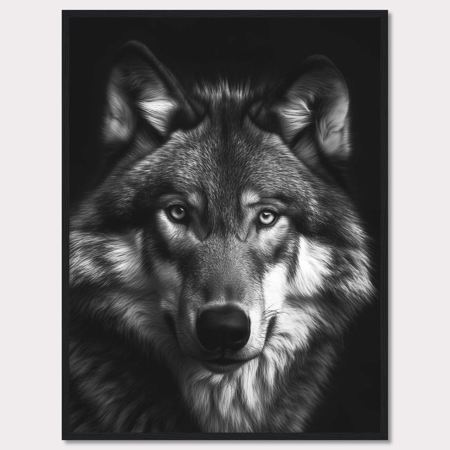 Immerse yourself in the captivating gaze of a majestic wolf with this stunning black and white portrait. The detailed fur, intense eyes, and powerful presence make this artwork a striking addition to any space.