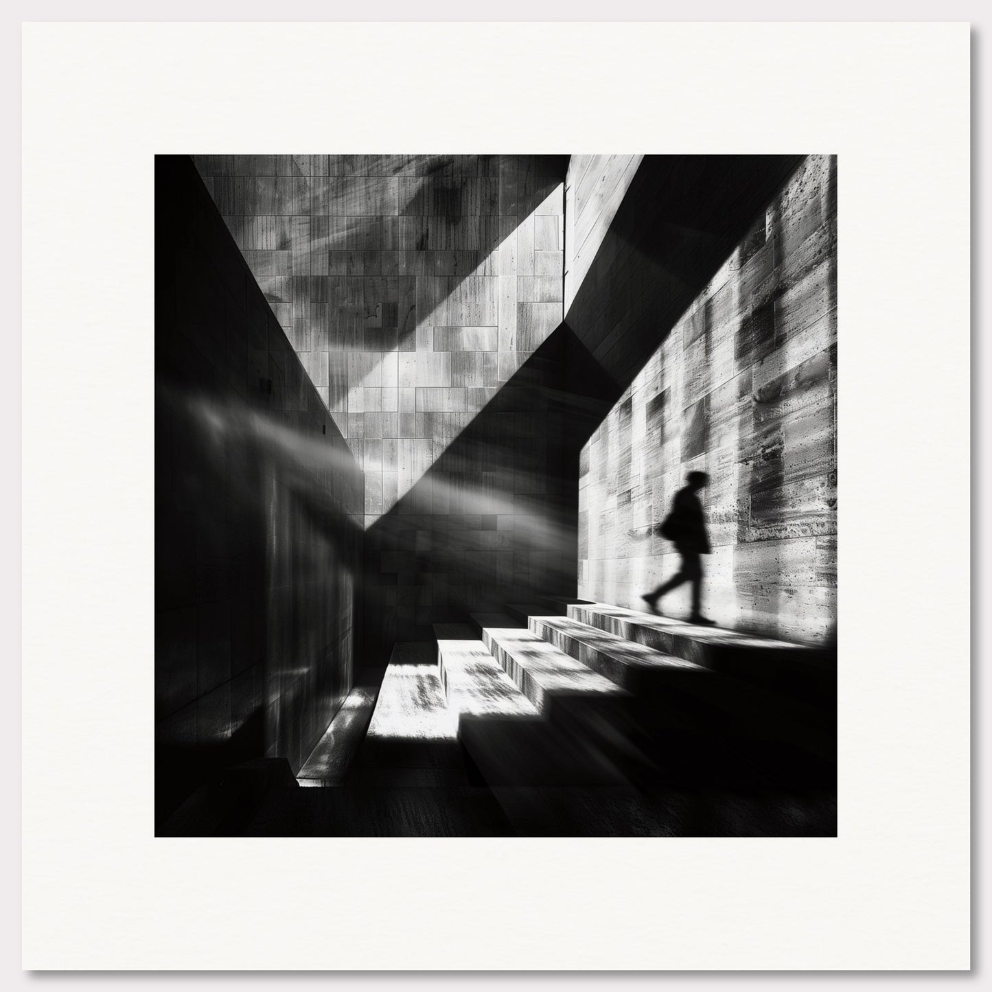 This striking black and white photograph captures a solitary figure ascending a staircase bathed in dramatic light and shadows. The geometric patterns and stark contrasts create a sense of mystery and introspection.