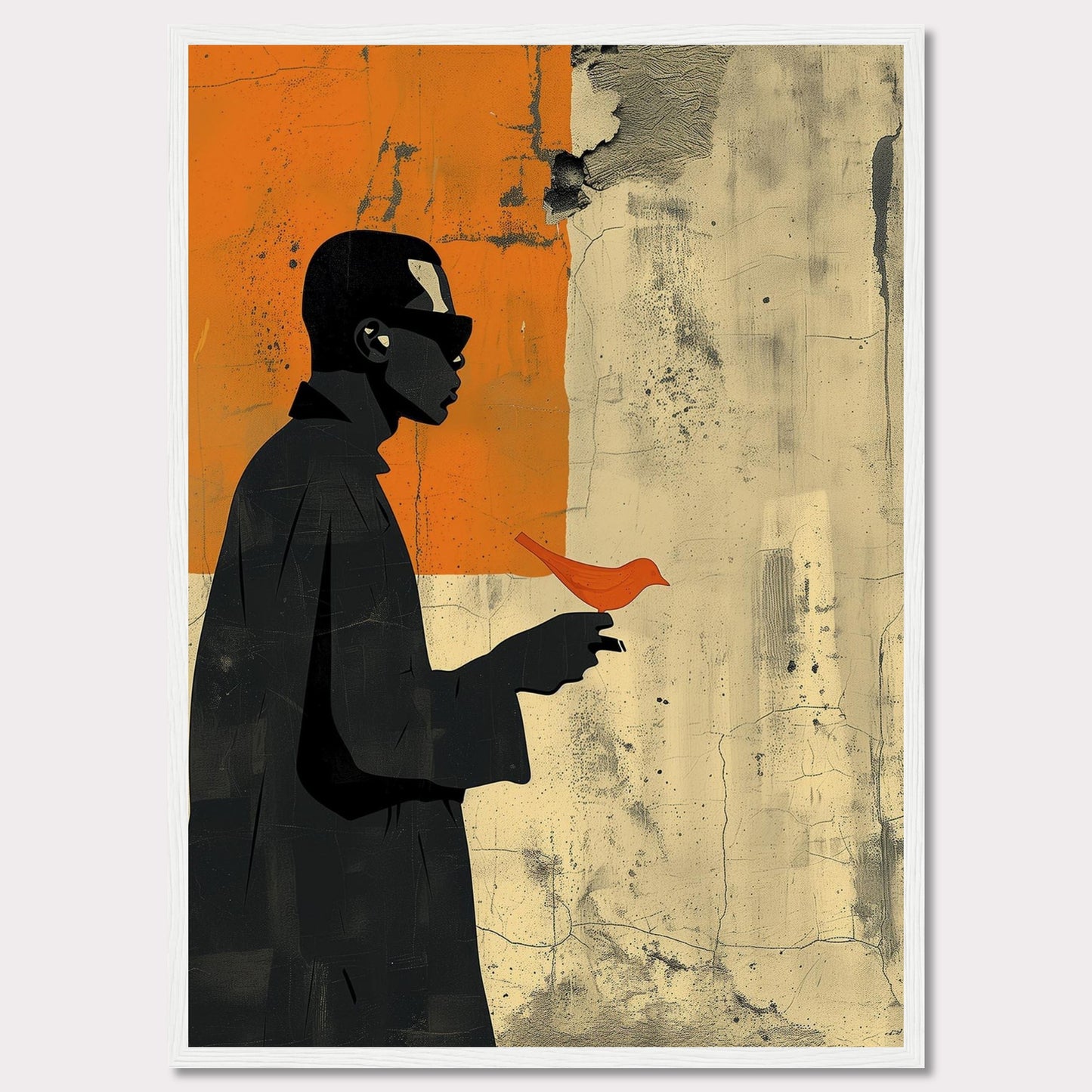 This striking artwork features a silhouette of a person holding a vibrant orange bird against a textured, abstract background. The contrast between the dark figure and the bright bird creates a powerful visual impact.