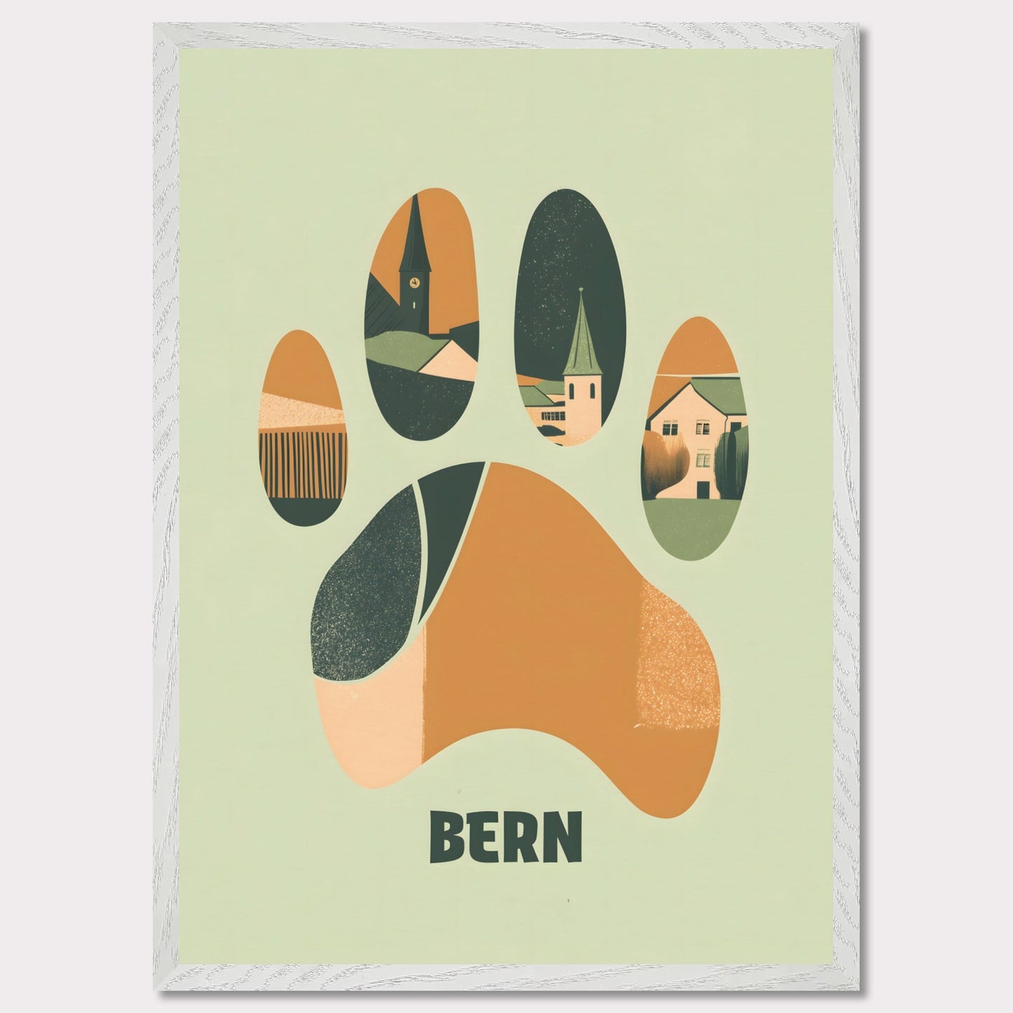 This unique poster blends the charm of Bern’s architecture with the city’s symbolic bear in an abstract, paw-print design. The warm earth tones and clean lines create a harmonious balance between modern minimalism and historical elements.