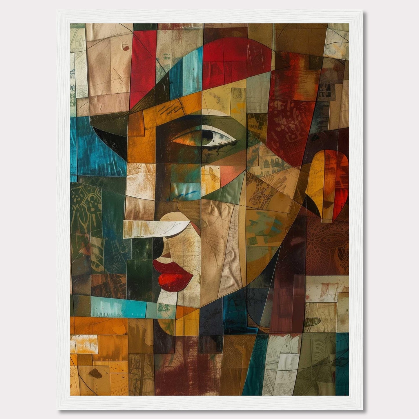 This captivating artwork features a cubist-style portrait, blending vibrant colors and geometric shapes to create a striking visual. The image showcases an abstract face with prominent red lips, a sharp nose, and expressive eyes.