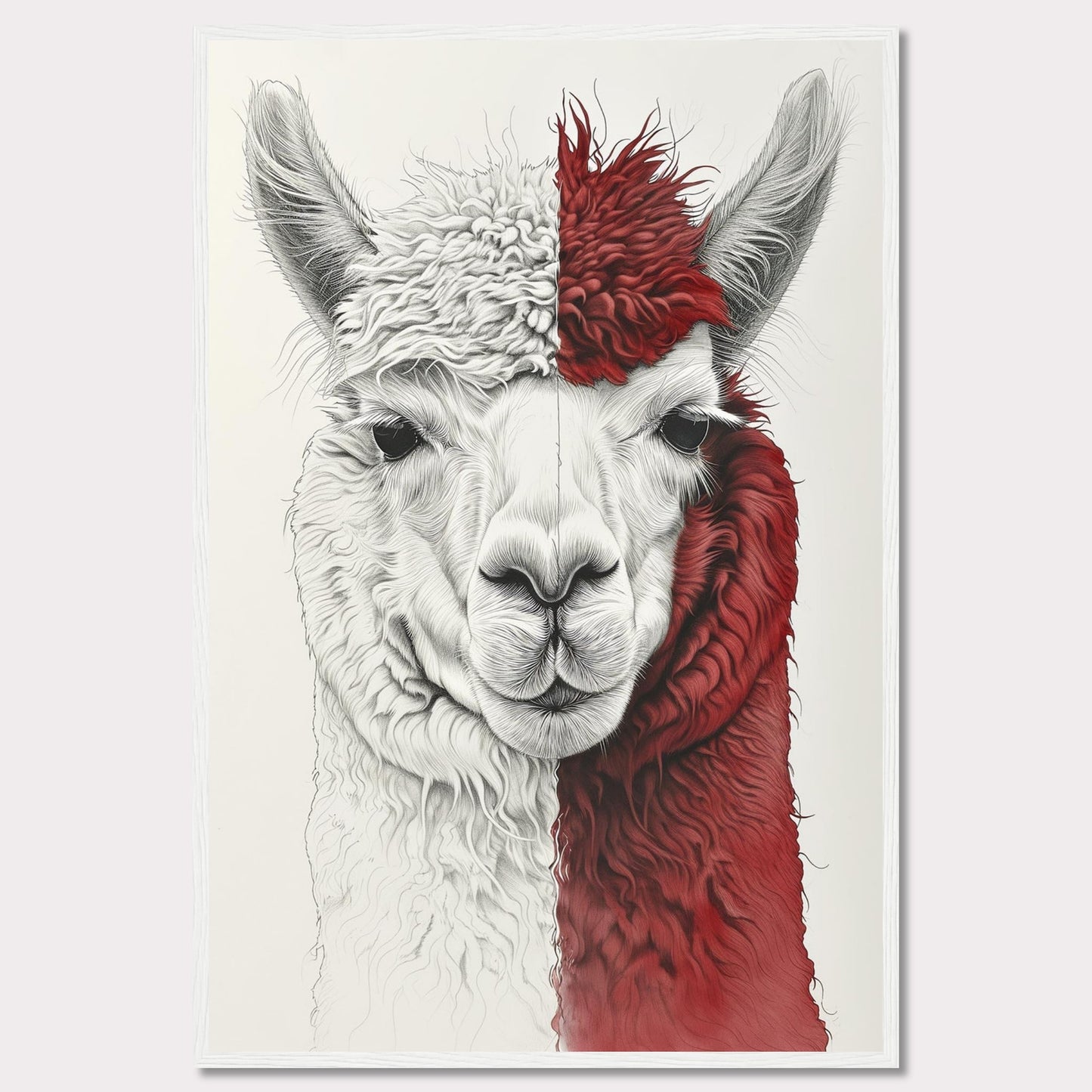 This striking artwork features a detailed illustration of an alpaca with a unique half-white, half-red fur pattern. The intricate lines and textures bring the alpaca's gentle expression to life, making it a captivating piece for any space.