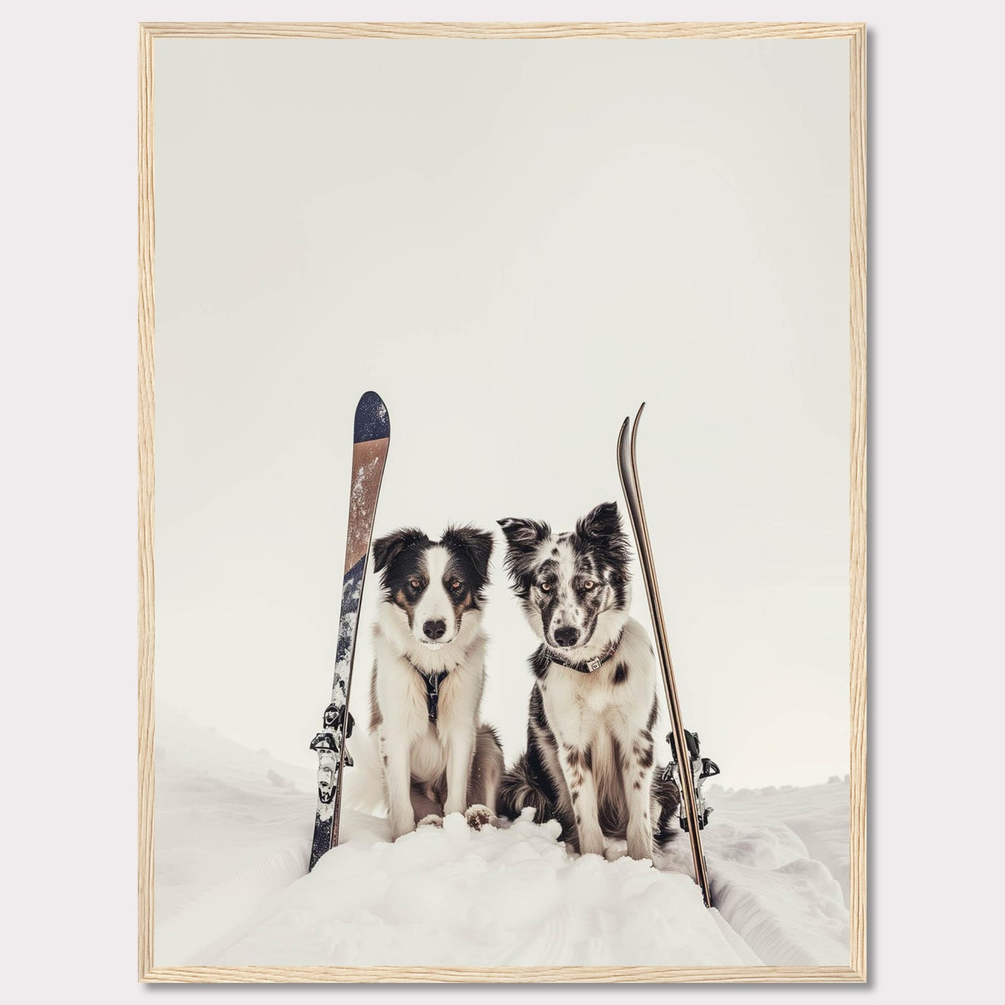 This charming photo captures two adorable dogs sitting in the snow with skis beside them, evoking a sense of adventure and playfulness. The scene is set against a serene snowy backdrop, highlighting the dogs and their playful expressions.