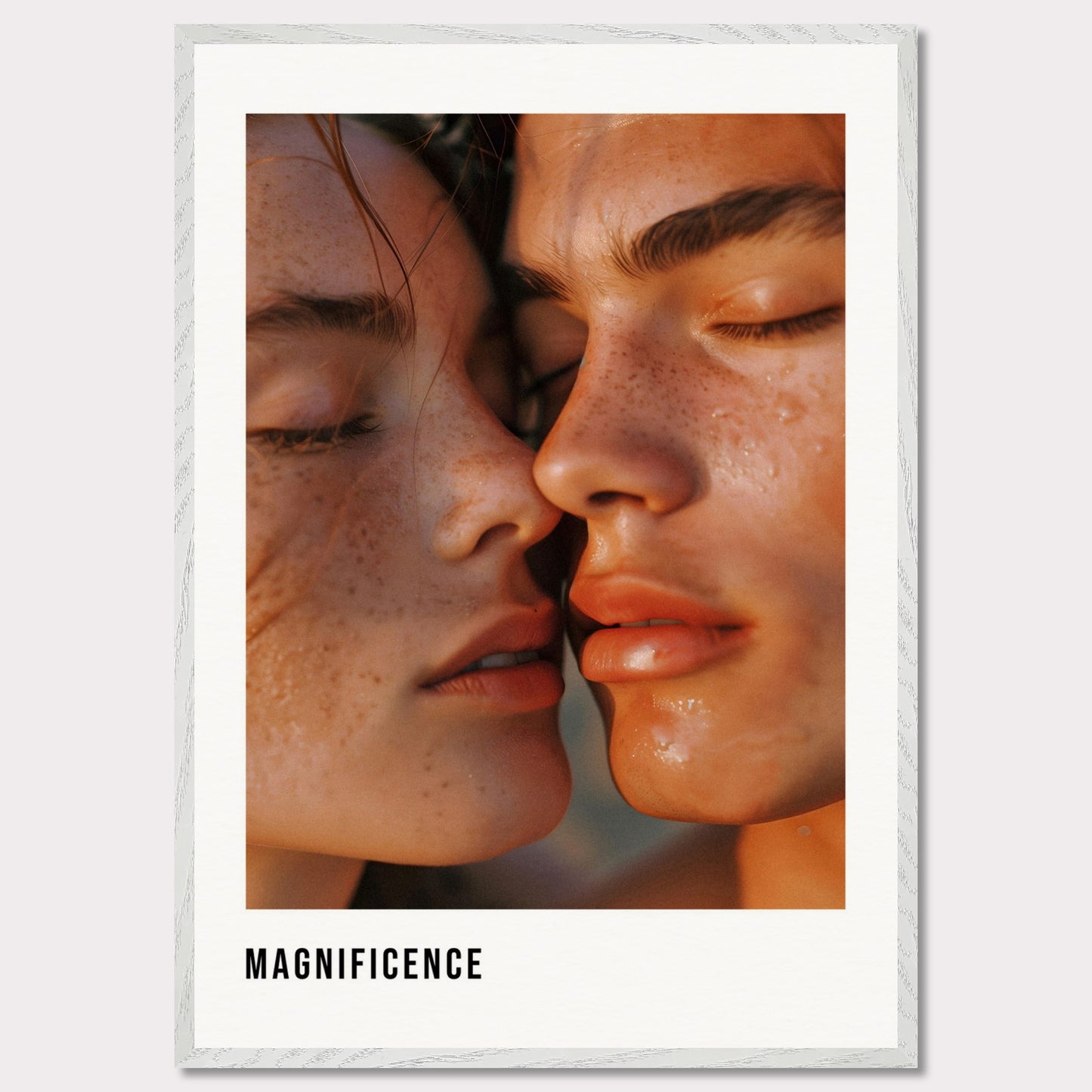 This illustration shows a close-up of two individuals with their faces intimately close, highlighting their freckles and closed eyes.

This poster will fit well in a modern living room, bedroom, or art studio, adding a touch of elegance and intimacy to the space.