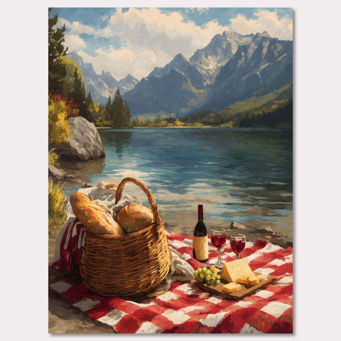 A checkered blanket lies beside a glistening lake, topped with fresh bread, wine, cheese, and grapes. Behind it all, towering mountains create a breathtaking backdrop. The scene celebrates indulgence, nature, and the timeless art of slowing down.