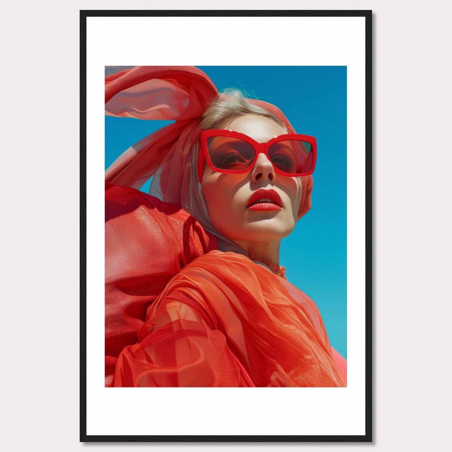 This striking photo features a confident woman wearing bold red sunglasses and a matching headscarf against a vibrant blue sky. The image is framed in a sleek black border, enhancing its modern aesthetic.