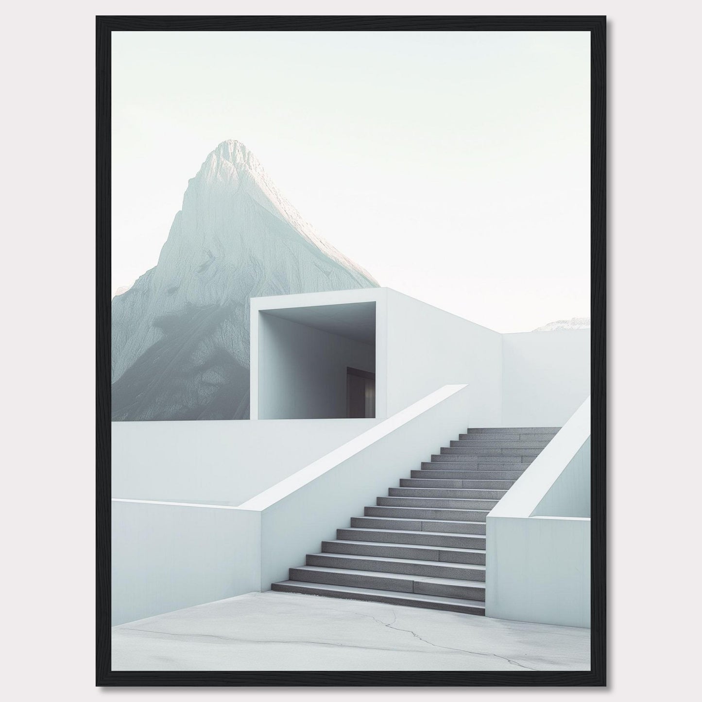 This minimalist artwork features a serene mountain backdrop with a modern architectural staircase leading to a simple, open structure. The clean lines and soft color palette evoke a sense of tranquility and sophistication.