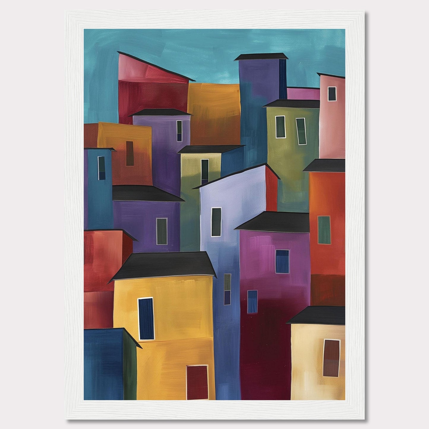 This vibrant painting features a colorful array of abstract buildings, each with unique hues and shapes, set against a serene blue sky. The bold use of colors and geometric forms creates a lively and dynamic cityscape.