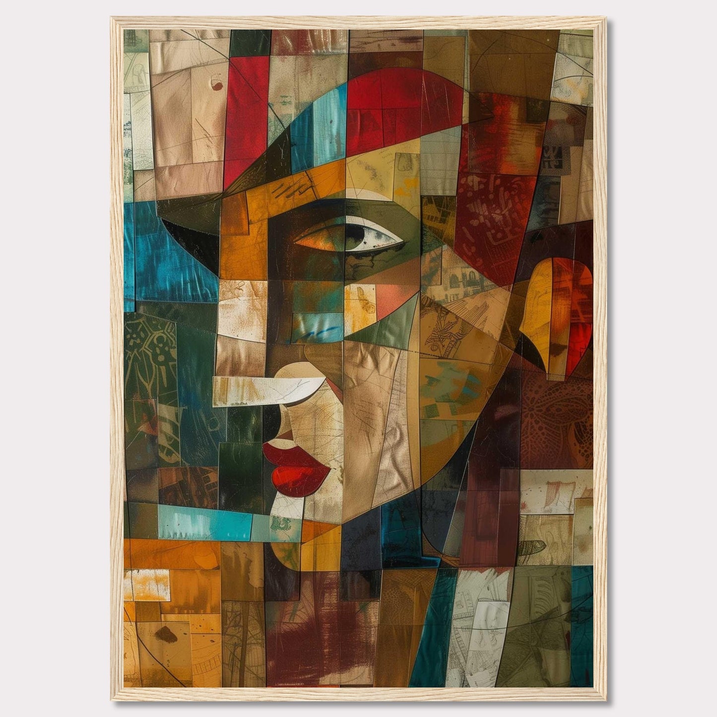 This captivating artwork features a cubist-style portrait, blending vibrant colors and geometric shapes to create a striking visual. The image showcases an abstract face with prominent red lips, a sharp nose, and expressive eyes.