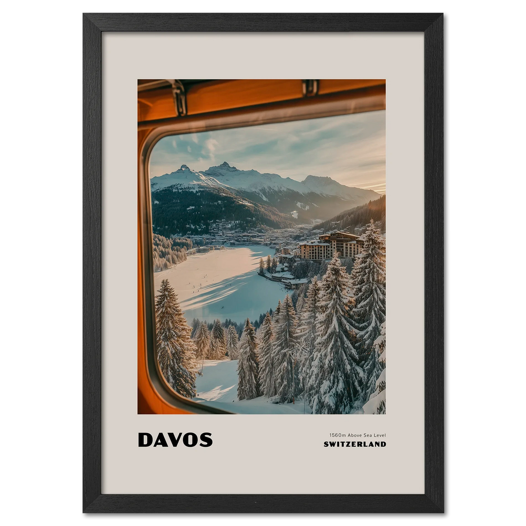Davos - 1560m Above Sea Level - Poster showcasing a winter scene from a mountain train in Switzerland.