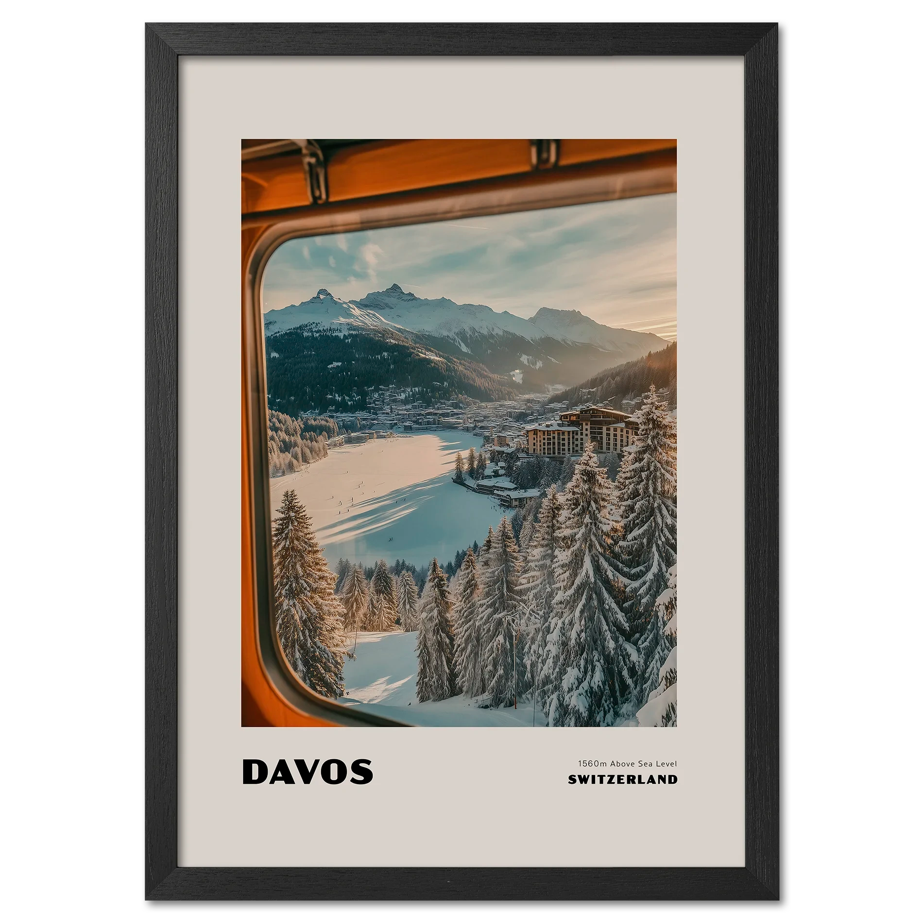 Davos - 1560m Above Sea Level - Poster showcasing a winter scene from a mountain train in Switzerland.