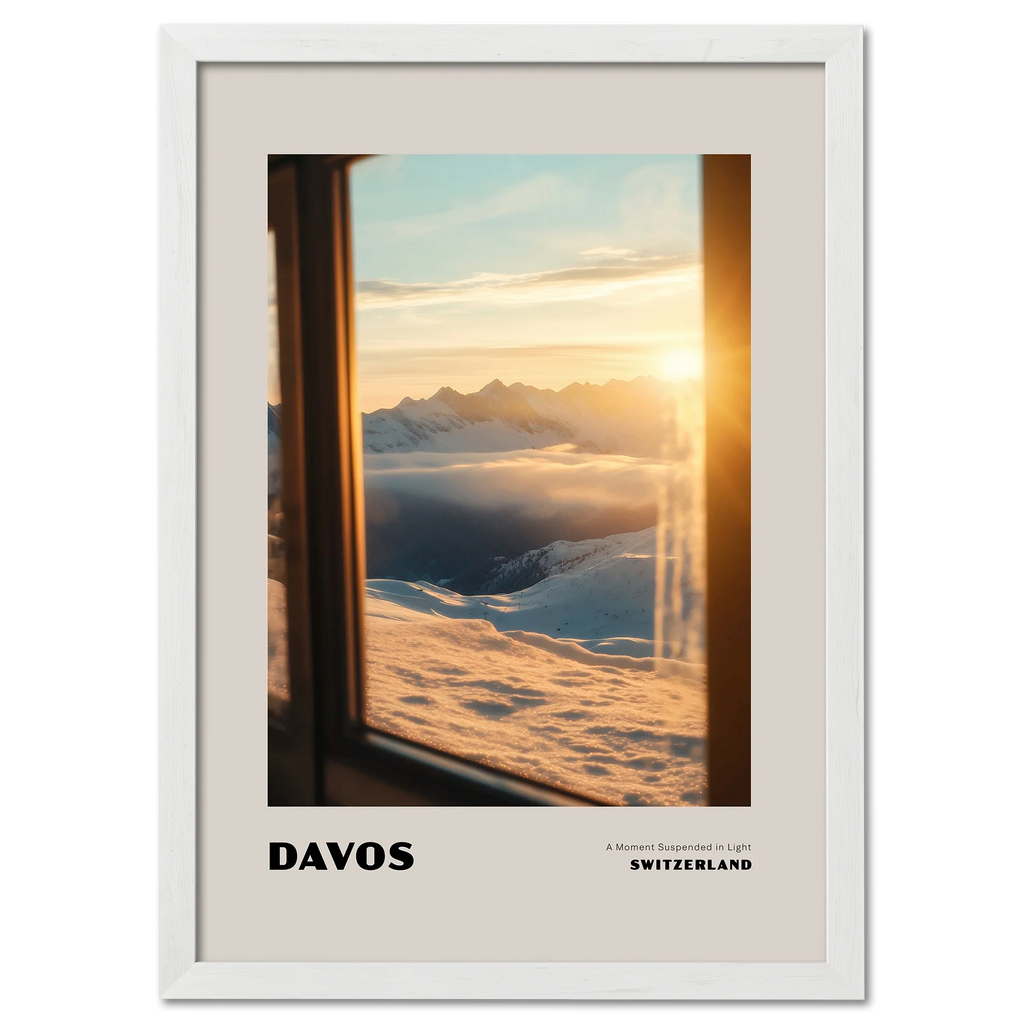 Davos - A Moment Suspended in Light - Poster showcasing a golden sunset over snowy mountains in Switzerland.