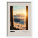 Davos - A Moment Suspended in Light - Poster showcasing a golden sunset over snowy mountains in Switzerland.