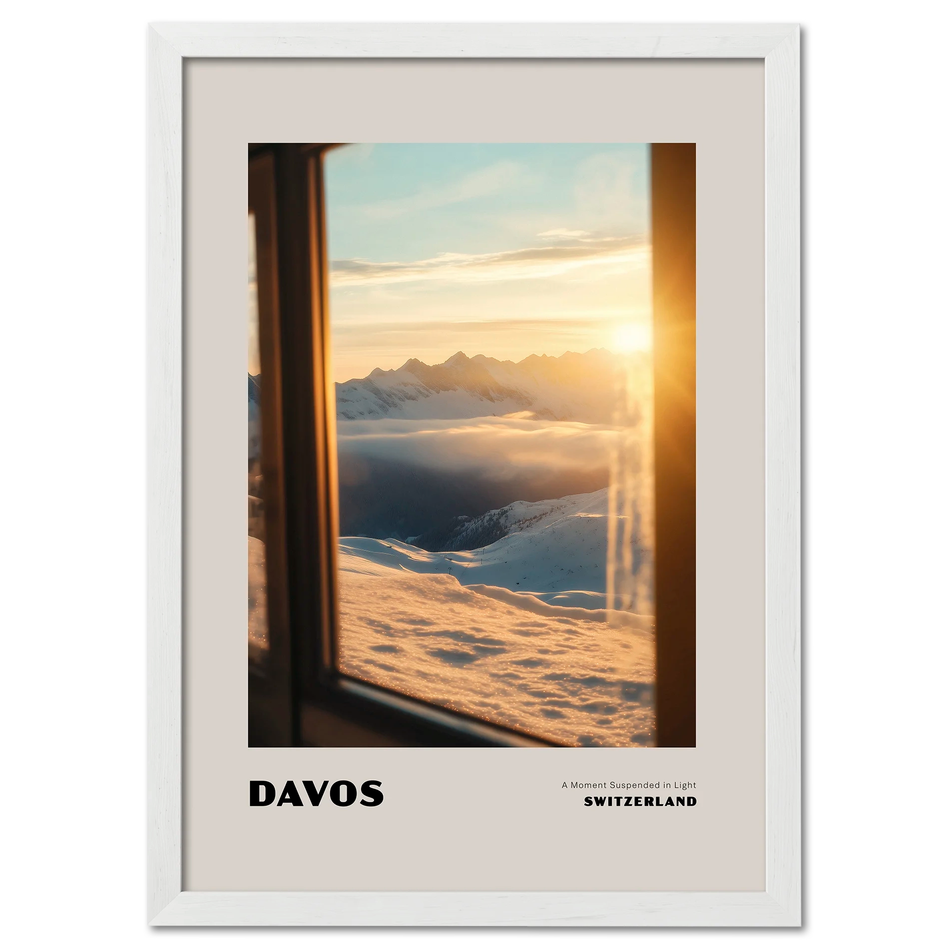 Davos - A Moment Suspended in Light - Poster showcasing a golden sunset over snowy mountains in Switzerland.