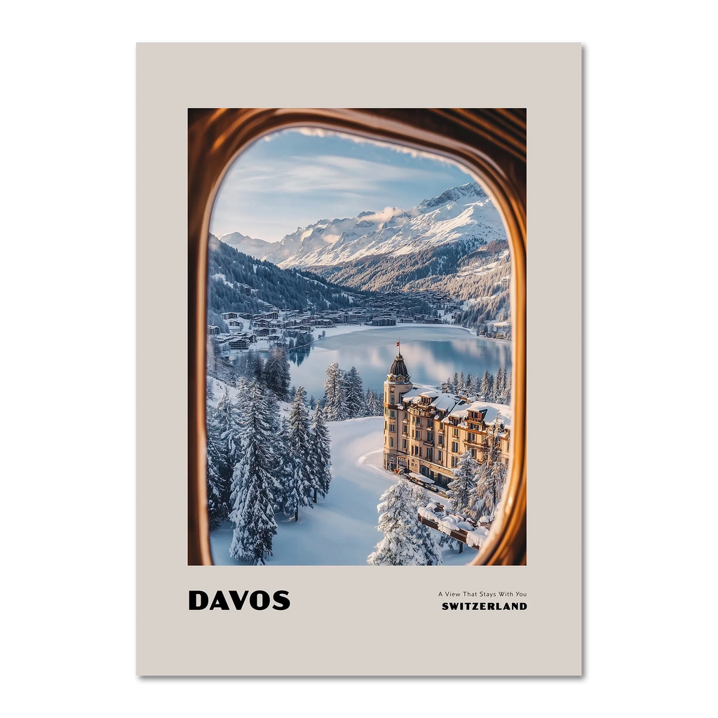 Davos - A View That Stays With You - Poster showcasing a winter landscape framed by a train window in Switzerland.