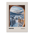 Davos - A View That Stays With You - Poster showcasing a winter landscape framed by a train window in Switzerland.