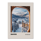 Davos - A View That Stays With You - Poster showcasing a winter landscape framed by a train window in Switzerland.