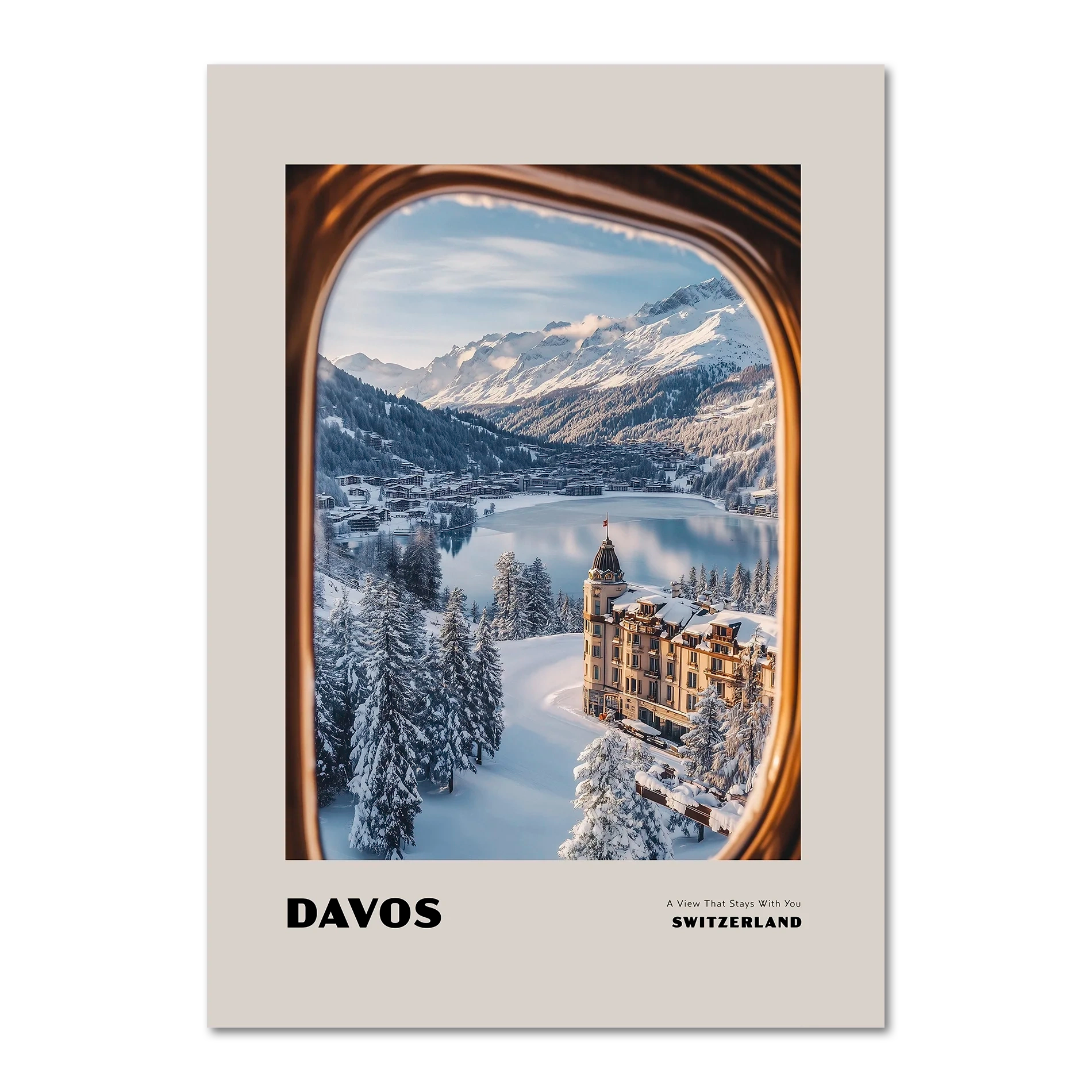 Davos - A View That Stays With You - Poster showcasing a winter landscape framed by a train window in Switzerland.
