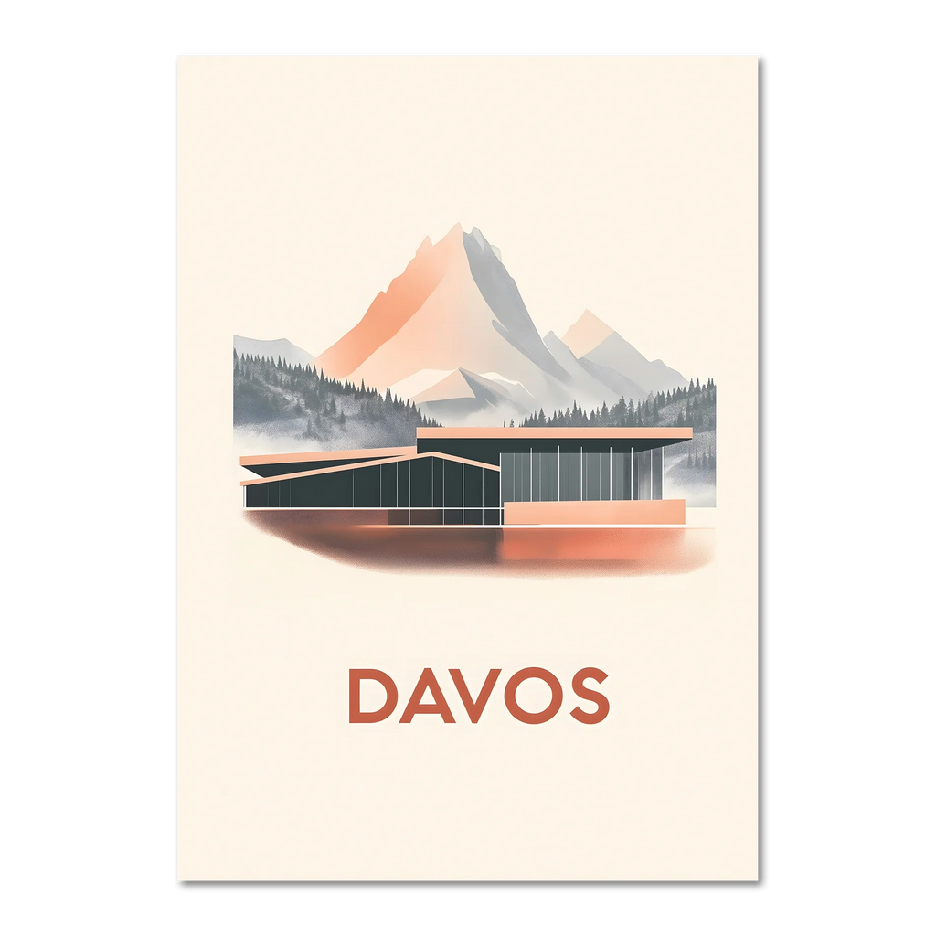 Davos – Alpine Elegance - Poster featuring modern architecture against mountain backdrop in soft pastel tones.