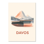 Davos – Alpine Elegance - Poster featuring modern architecture against mountain backdrop in soft pastel tones.