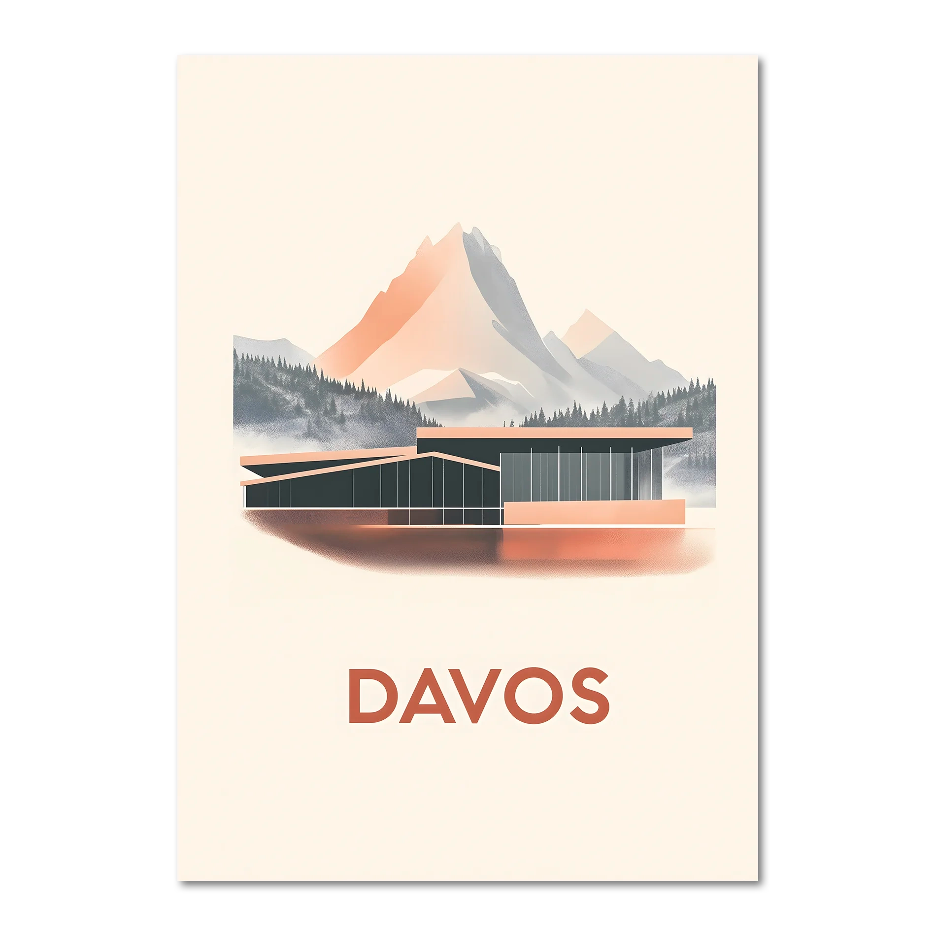 Davos – Alpine Elegance - Poster featuring modern architecture against mountain backdrop in soft pastel tones.