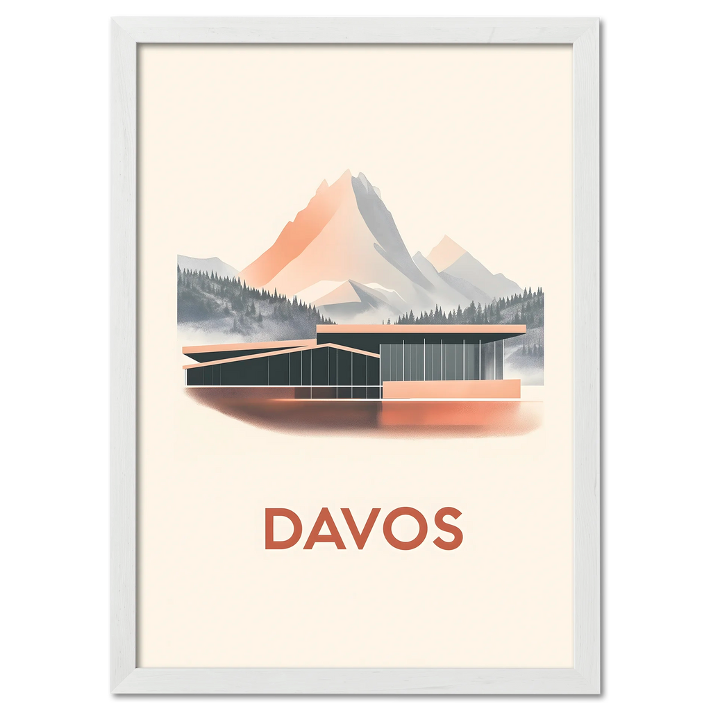 Davos – Alpine Elegance - Poster featuring modern architecture against beautiful mountains and serene pastel colors.