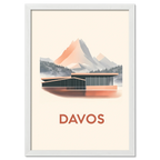 Davos – Alpine Elegance - Poster featuring modern architecture against beautiful mountains and serene pastel colors.