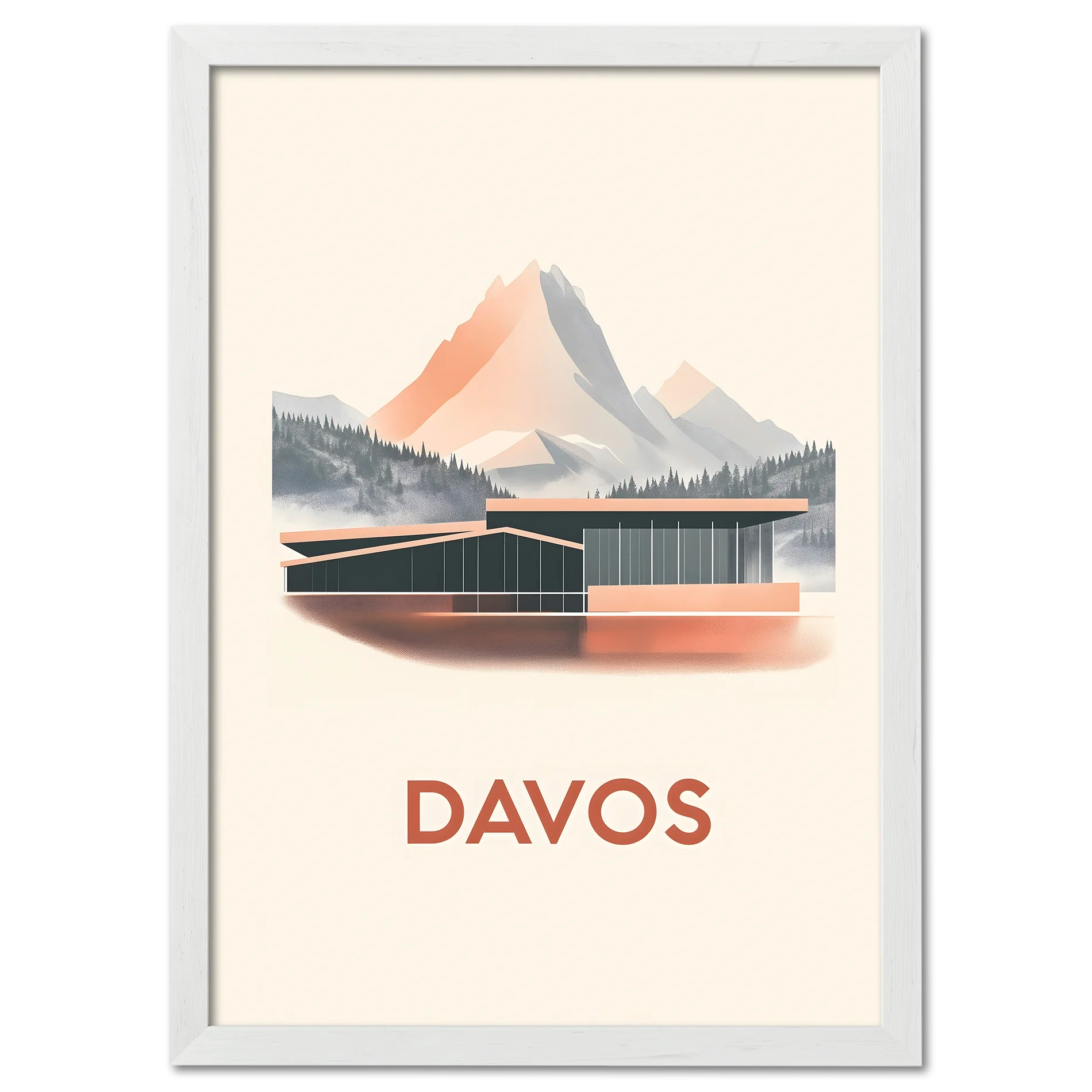 Davos – Alpine Elegance - Poster featuring modern architecture against beautiful mountains and serene pastel colors.