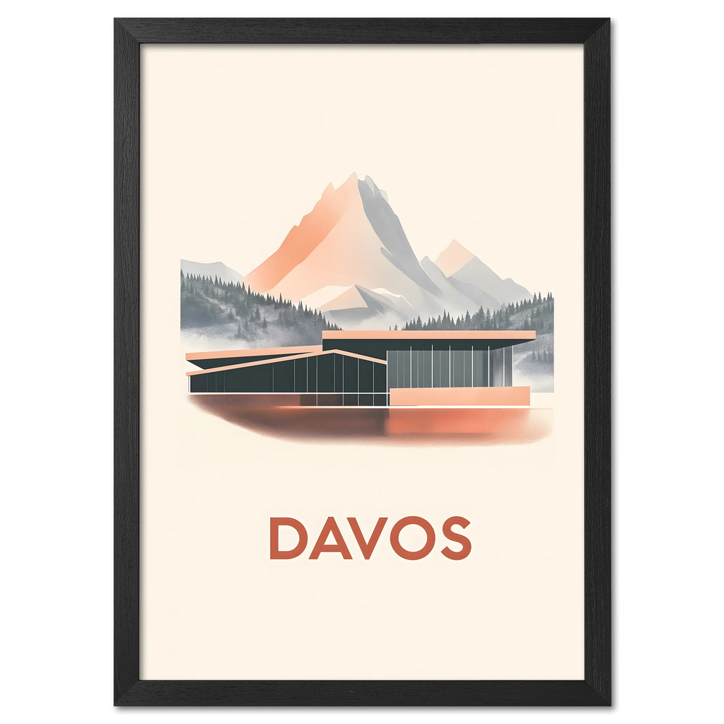 Davos – Alpine Elegance - Poster featuring a modern building against mountain peaks in soft pastel tones.