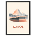 Davos – Alpine Elegance - Poster featuring a modern building against mountain peaks in soft pastel tones.