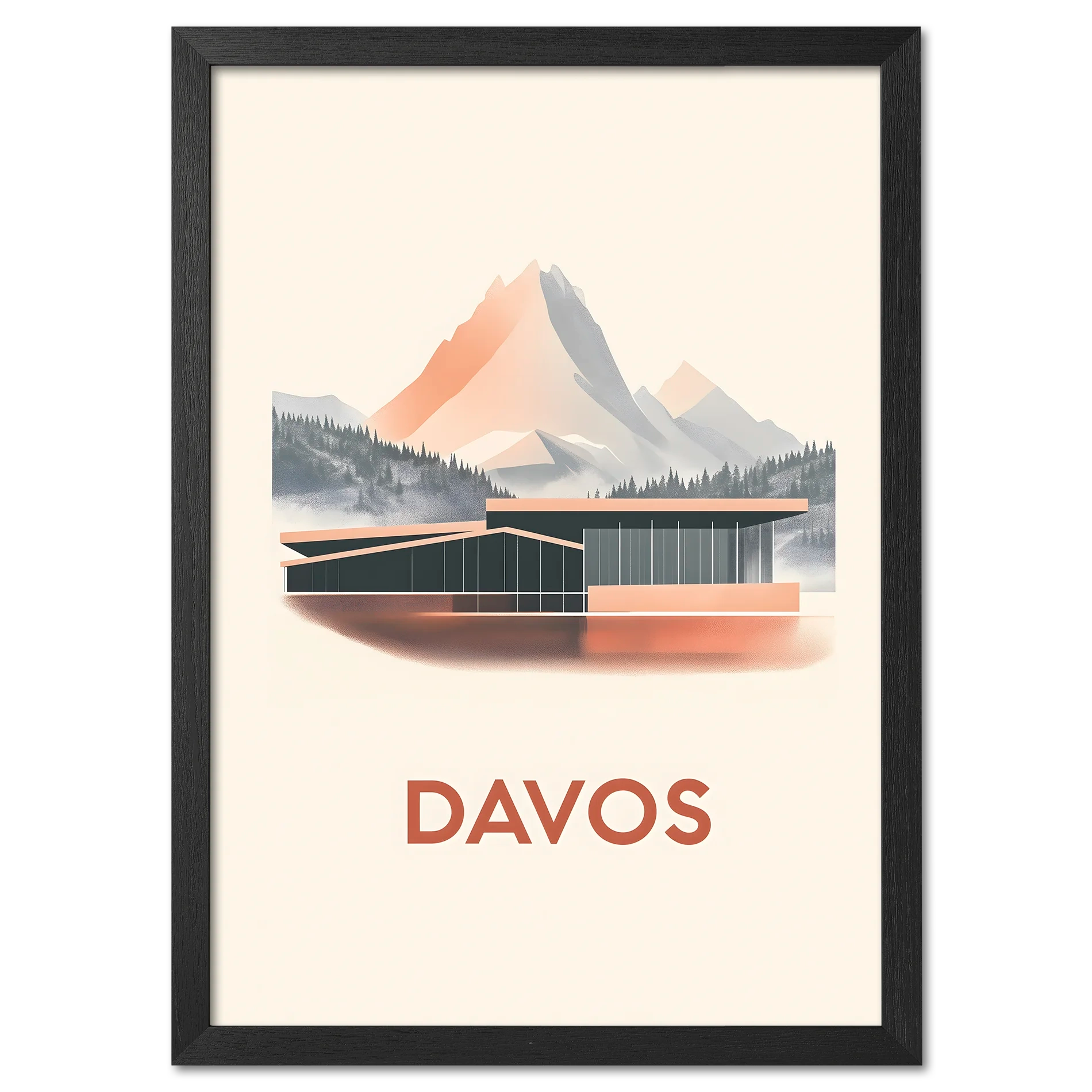 Davos – Alpine Elegance - Poster featuring a modern building against mountain peaks in soft pastel tones.