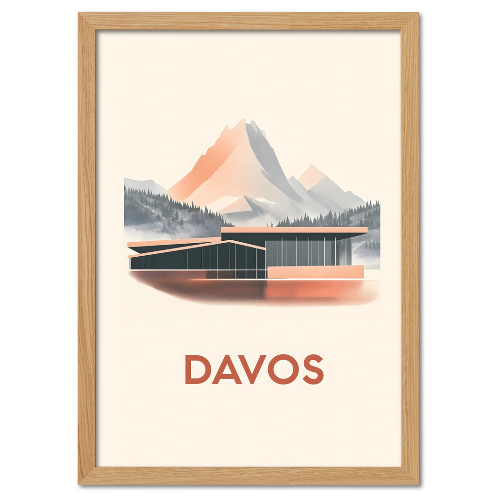 Davos – Alpine Elegance - Poster showcasing modern architecture against alpine peaks with pastel colors.
