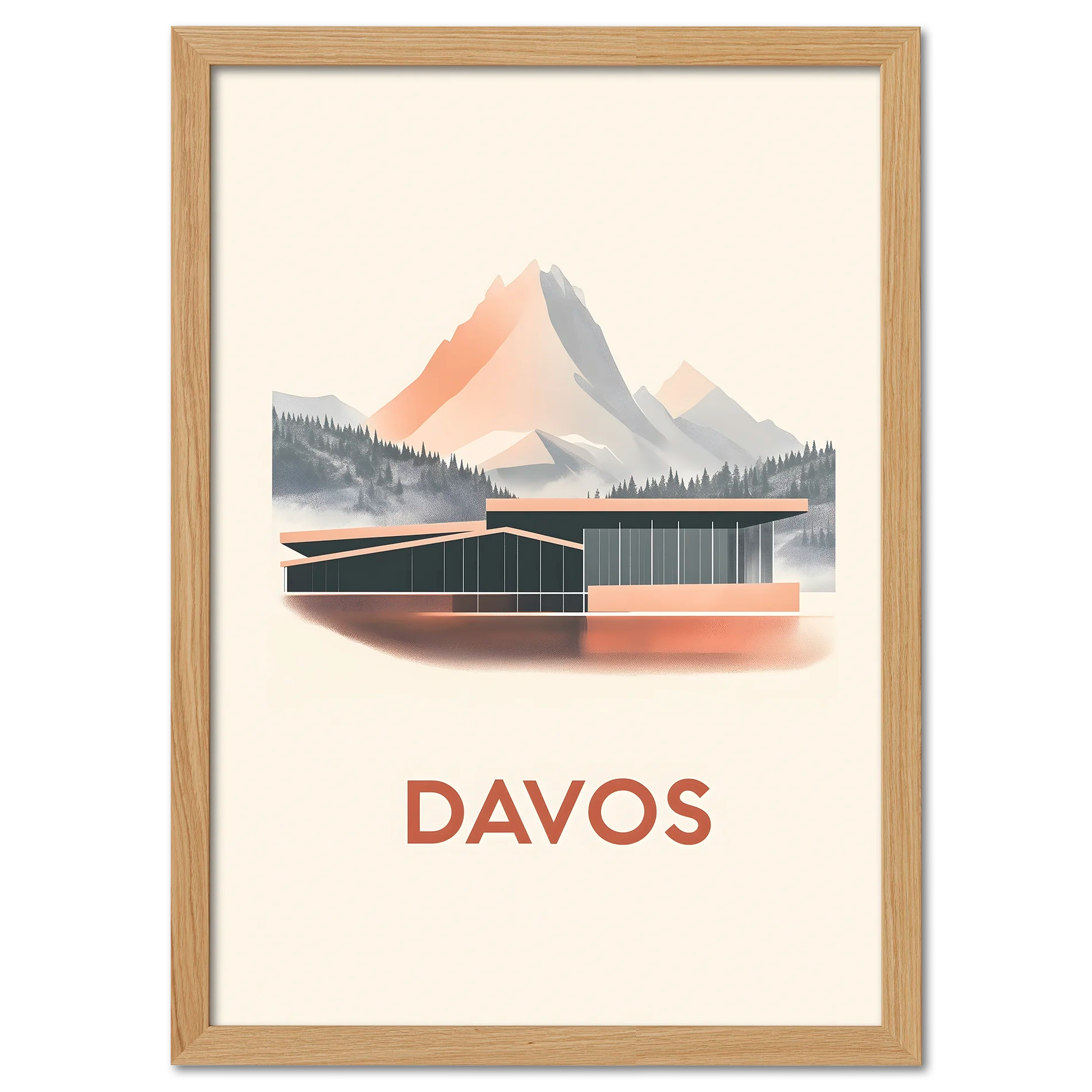 Davos – Alpine Elegance - Poster showcasing modern architecture against alpine peaks with pastel colors.