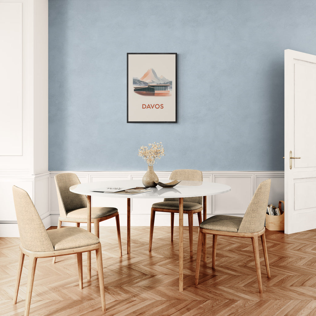 Davos – Alpine Elegance - Poster displayed in a modern dining room with a stylish table and chairs.